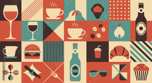 Retro Flat Vector Food and Beverage Icon Grid Illustration with Coffee, Wine, Beer, and Snacks in Mid-Century Modern Style