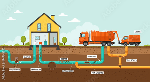 Residential Sewer Pipe Maintenance Illustration showing Common Drainage Problems like Grease, Tree Roots, and Pipe Offsets with Service Trucks