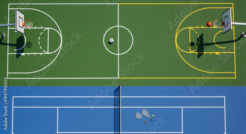Aerial View of Combined Basketball and Tennis Courts.