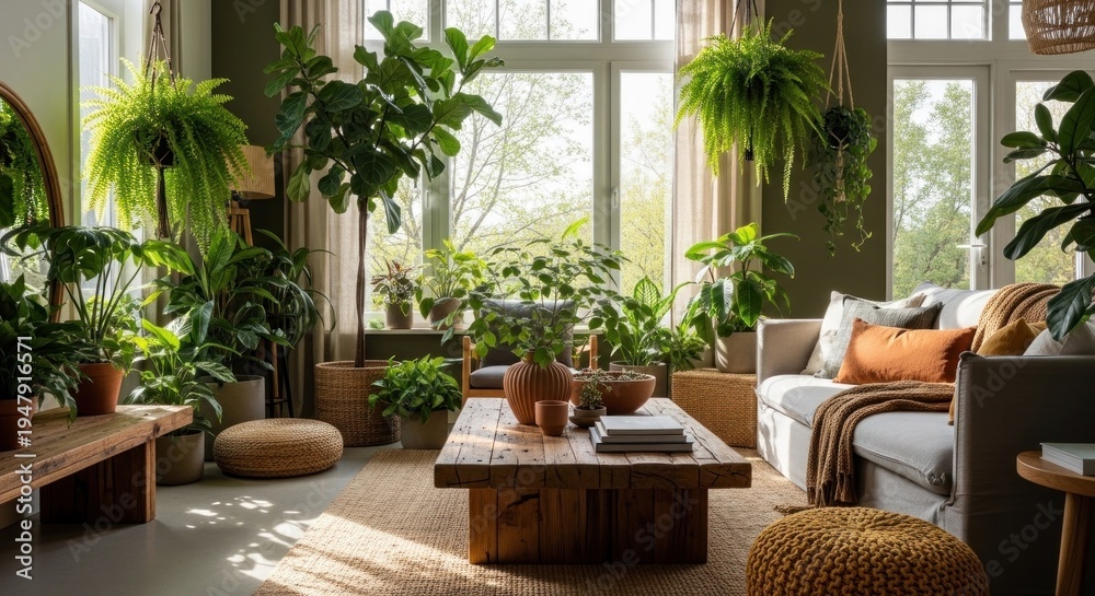 Fototapeta premium A cozy living room with a large window, green and brown plants, a wooden coffee table, and a gray sofa with orange pillows.
