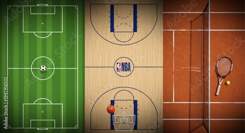 Sports Fields Collage - Soccer, Basketball, and Tennis Court.