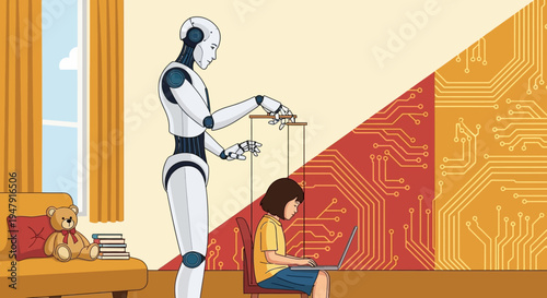 Artificial Intelligence Controlling a Child as a Puppet, AI Manipulation and Digital Influence Concept Illustration