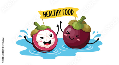 Pair of cheerful mangosteen fruit characters splashing in water under a yellow banner promoting healthy eating habits.