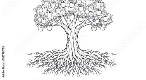 Stylized Apple Tree Drawing with Visible Roots