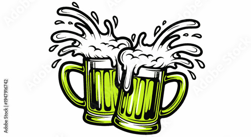 Two overflowing beer mugs clinking with frothy splashes, green liquid, celebration toast