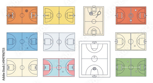 Collection of Basketball Court Layouts in Various Colors and Designs.