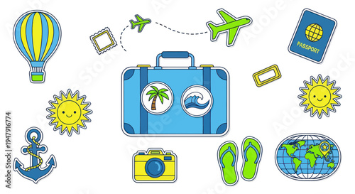 Cartoon Travel Icons: Suitcase, Airplane, Passport, Map, Hot Air Balloon, Camera