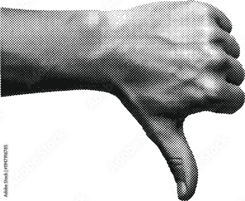 Retro halftone thumbs down hand sign vector illustration on transparent background showing failure and negative response
