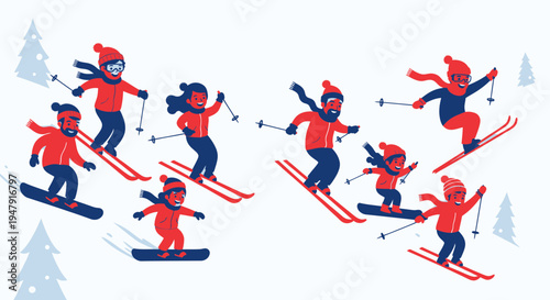 Diverse Group Skiing and Snowboarding Down Snowy Mountains