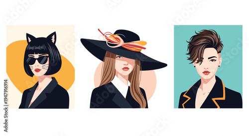 Diverse collection of stylish female portraits showcasing unique fashion accessories like hats sunglasses and cat ears.