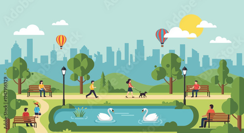 Flat Vector Illustration of a Vibrant City Park Landscape with People Jogging, Walking a Dog, Sitting on Benches, Swans in a Pond, and a Modern Urban Skyline