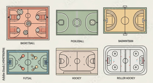 Layouts of various sports fields including basketball, volleyball, badminton, tennis, handball, and hockey.