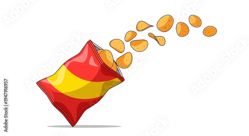 Cartoon Illustration of Crunchy Potato Chips Flying Out of an Open Red and Yellow Snack Bag Isolated on White Background