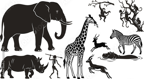 Safari Silhouette Elephant Giraffe Zebra Monkey Rhino Hippo Antelope Wildebeest Deer Bushman Wildlife Africa Animal Vector Black Collection Icon Set Jungle