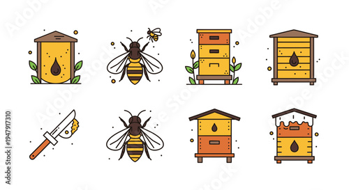 Bees and beehives illustrations set.