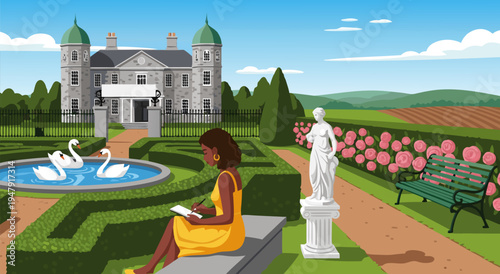 Elegant vector illustration of a woman sketching in a formal garden with a grand manor and swans, embodying tranquility and artistic pursuit