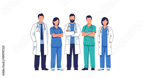 Group of diverse medical professionals including doctors and nurses in uniforms with stethoscopes, healthcare team illustration isolated on white background.