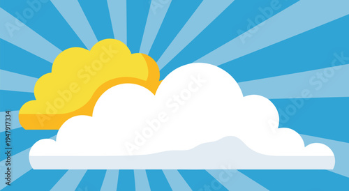 Vector illustration of a sun behind a fluffy cloud on a bright blue sky with radiating light rays, depicting sunny weather