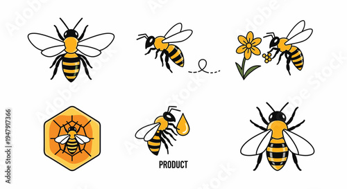 Collection of bees and honeycomb illustrations.
