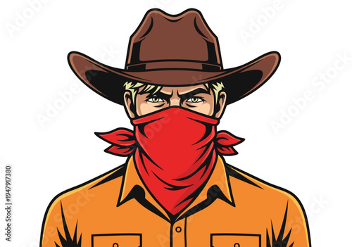 Western Cowboy Bandit Vector Illustration, Bandit Mask, Cowboy Hat, and Western Shirt, Classic American West Style