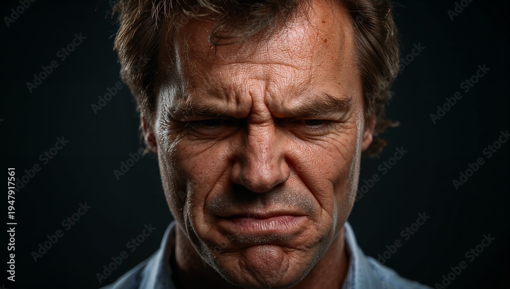 Obraz premium Portrait of a brown haired man with a grimace of disgust wrinkled nose and curled lip in harsh overhead lighting generative AI