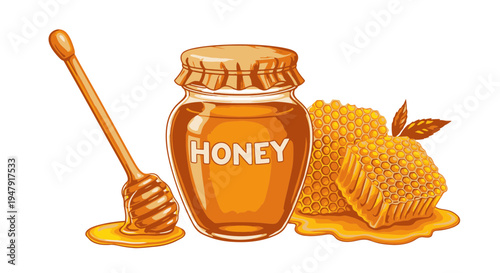 Honey jar with honeycomb and dipper.