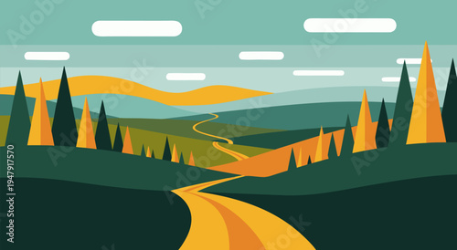 Scenic winding road through rolling hills and autumn trees vector illustration, vibrant colors and clear sky