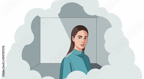 Empowering Young Woman Looking Forward Through Cloudy Atmosphere Vector Illustration