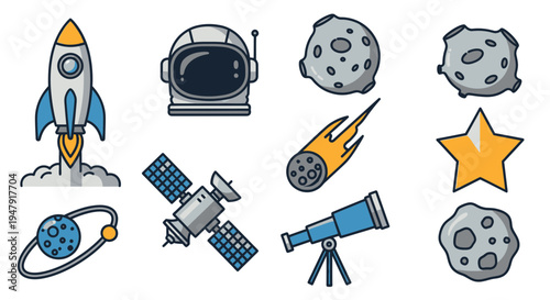Space Exploration Cartoon Icons Set.