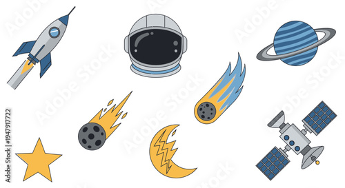 Space icons with rocket ship and planets.