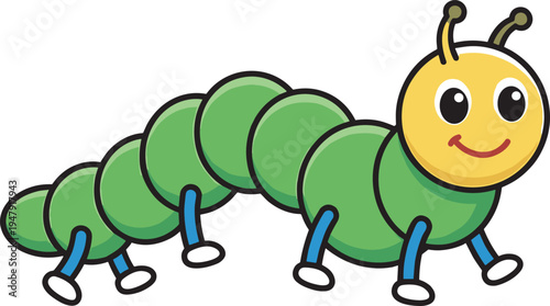 Cute smiling cartoon caterpillar character walking, green worm insect mascot isolated for kids education vector illustration