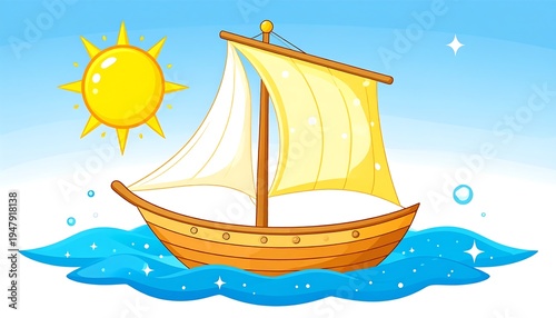 Cartoon depiction of a wooden sailboat on a blue ocean under a bright yellow sun with scattered stars