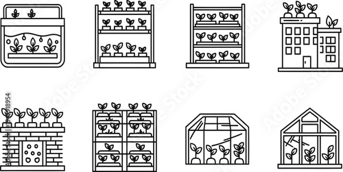Urban Gardening, Greenhouse and Vertical Farming Outline Icon Collection