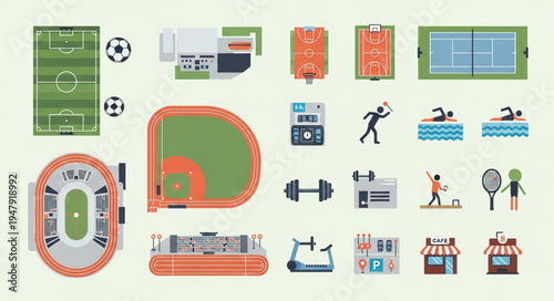 Collection of Sports Fields and Equipment Illustrations for Various Activities.