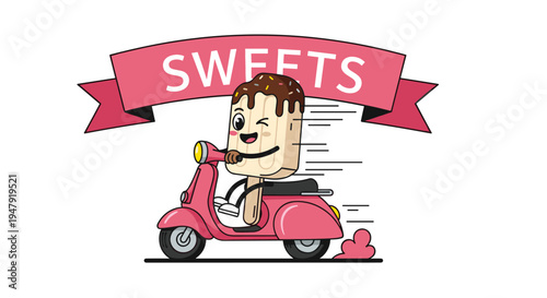 Cute chocolate dipped popsicle character winking while riding a bright pink scooter under a festive sweets banner.