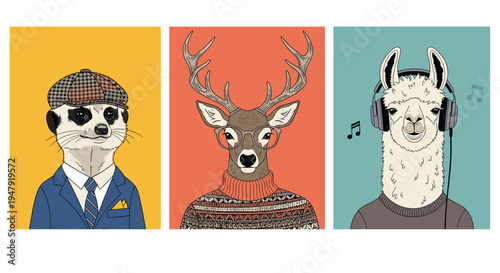 Collection of three quirky animal portraits featuring a meerkat a deer and a llama dressed in trendy human clothing.