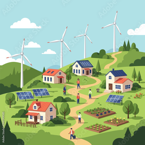 Renewable energy village with solar panels and wind turbines on the hillside