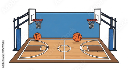 Indoor Basketball Court Illustration with Hoops and Basketballs.