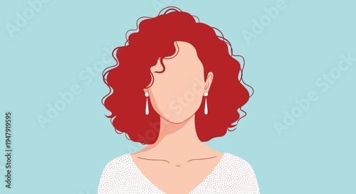 Modern flat illustration of a woman with vibrant curly red hair and long white earrings against a teal background.