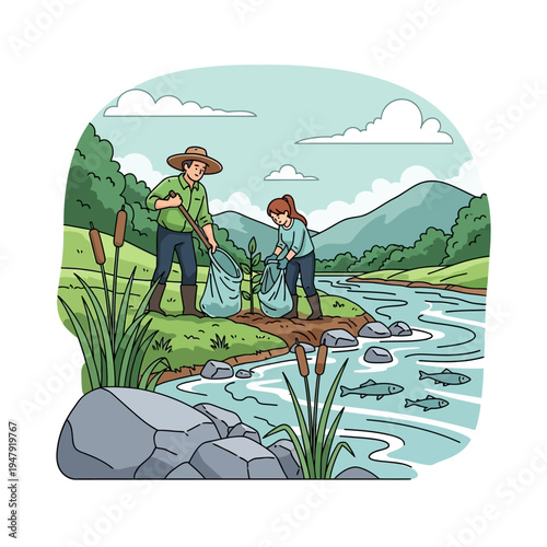 Man and woman collecting litter alongside a river in nature