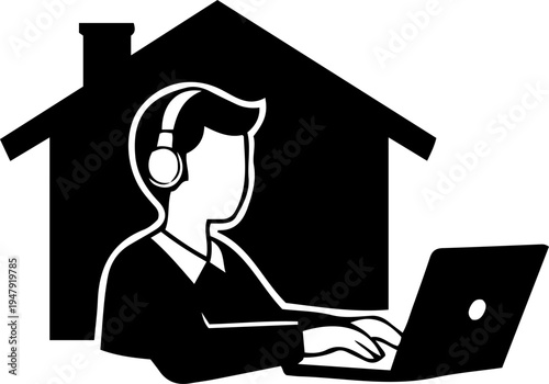 Operator with Headset Working on Laptop Computer in Office Silhouette Style