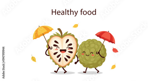 Adorable sugar apple characters holding umbrellas and walking through a shower of golden autumn leaves together.