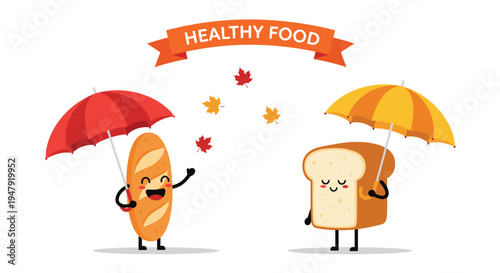 Baguette and sliced bread characters holding umbrellas and enjoying the autumn season under a healthy food banner.