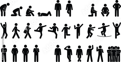 stick figure silhouettes collection various poses standing walking running jumping sitting dancing business people group actions black minimalist icons vector set