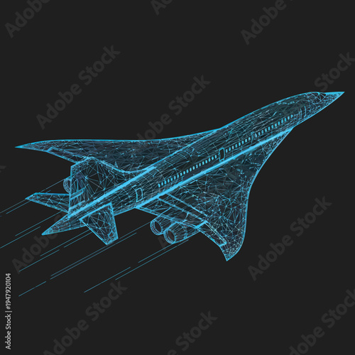 Blue Wireframe Airplane Model Design.