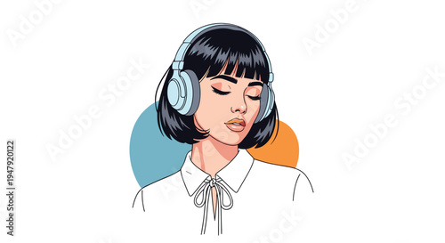 Serene illustration of a young woman with a bob haircut wearing headphones and listening to music with eyes closed.