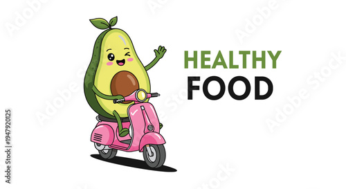 Happy avocado character waving while riding a bright pink motor scooter next to a bold healthy food text placement.