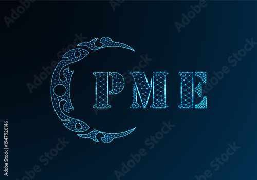 Low poly letter logo PME design. PME letter logo low poly vector design on blue color gradient background. PME logo low poly design