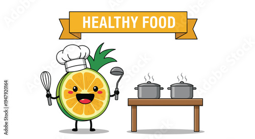 Cheerful orange slice chef wearing a tall white hat and holding kitchen utensils while cooking near steaming pots.