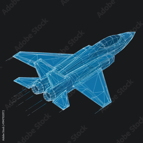 Blue Wireframe Fighter Jet Aircraft Model.